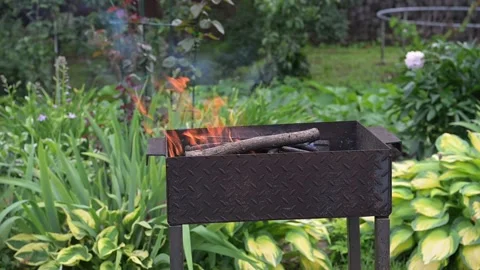 Rustic metal barbecue grill with fire flame Stock Footage 278241188