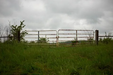 Rustic metal farm gate under a cloudy sky Foto stock