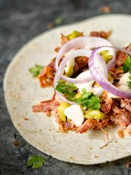 Rustic mexican american pulled pork tacos Stock Photos