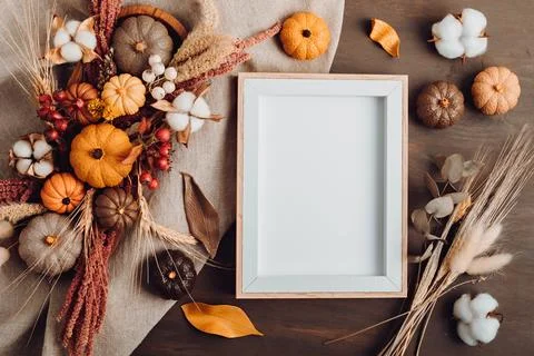 Rustic mockup with autumn table decoration. Floral interior decor for fall .. Stock Photos
