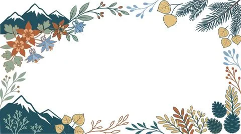 Rustic mountain and botanical border frame vector with Colorado columbine Illustration