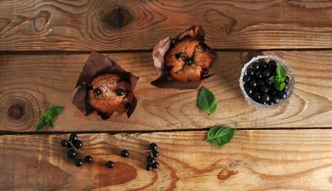 Rustic muffins with black currant Stock Photos