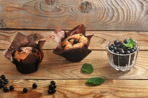 Rustic muffins with black currant Stock Photos