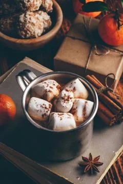 Rustic mug of hot chocolate with marshmallows Stock Photos