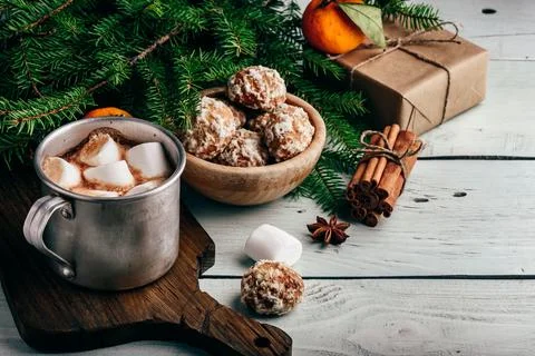 Rustic mug of hot chocolate with marshmallows Stock Photos