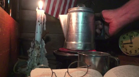 Rustic old cabin and coffee, hand pouring coffee Stock Footage 59615742