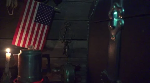 Rustic old cabin and coffee, late night study Stock Footage 59615759