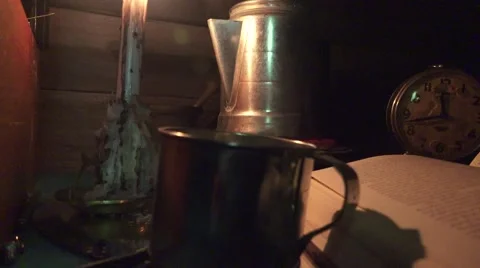 Rustic old cabin and coffee, boiling and steam Stock Footage 59615907