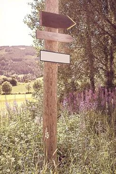 Rustic, old-fashioned handmade blank simple arrow wood signs on a wooden pole Stock Photos