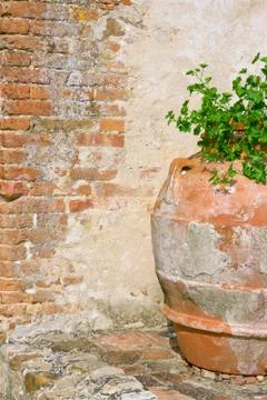 Rustic old flower pot by a brickwall Stock-Fotos