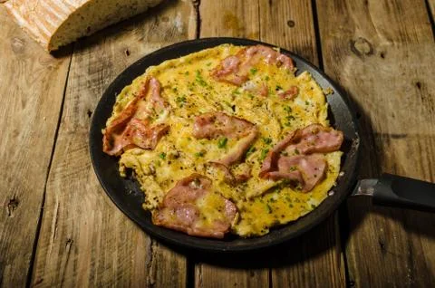 Rustic omelette with famous Prague ham Stock Photos