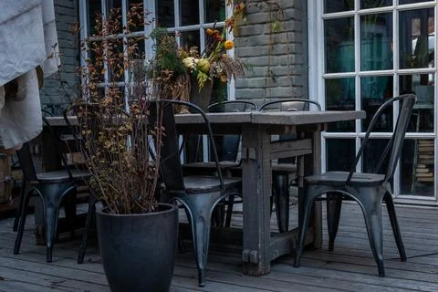Rustic Outdoor Dining Table with Autumn Decorations Stock Photos