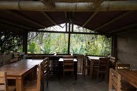 Rustic outdoor dining with a tranquil view.  Enjoy a meal surrounded by lus.. Stock Photos