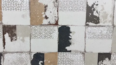 Rustic Patchwork Ceramic Wall Tiles with Distressed Texture and Patterned Motifs Vídeos de archivo 331120195