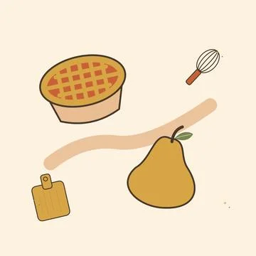 Rustic pear tart and baking tools. Decorative flat vector composition with ed Ilustración de archivo