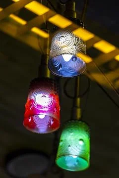 Rustic Pendant Lamps Hanging From Ceiling In Thai Hotel Interior Thailand. Stock Photos