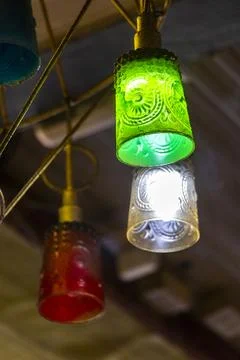 Rustic Pendant Lamps Hanging From Ceiling In Thai Hotel Interior Thailand. Stock Photos