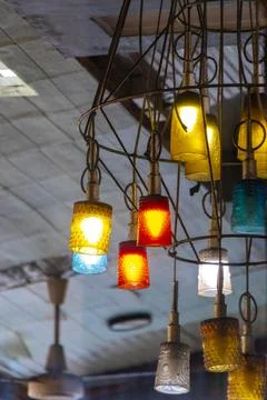 Rustic Pendant Lamps Hanging From Ceiling In Thai Hotel Interior Thailand. Stock Photos