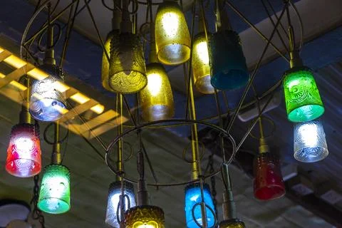 Rustic Pendant Lamps Hanging From Ceiling In Thai Hotel Interior Thailand. Stock Photos