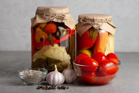 Rustic Pickled Vegetables in Jars with Garlic and Spices Stock Photos