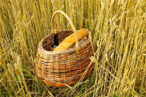 Rustic picnic basket with bread and wine placed in a golden wheat field dur.. Stock Photos