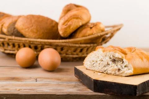 Rustic pie breakfast on a wooden table Stock Photos