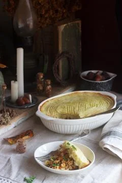 Rustic pie stuffed with minced chicken and cauliflower, and autumn still life on Stock Photos