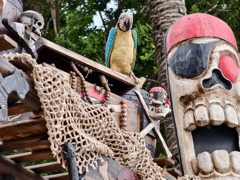 Rustic pirate setup with macaw, illustration of rustic pirate environment w.. Stock Photos