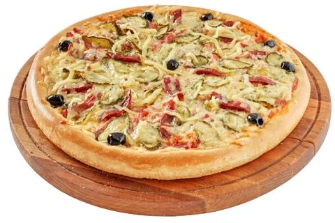 Rustic pizza with ham and pickles Stock Photos