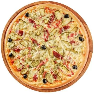 Rustic pizza with ham and pickles Stock Photos