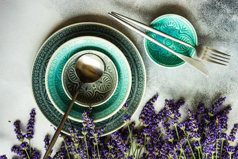 Rustic place setting on a table with lavender Stock Photos