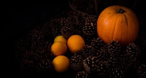 Rustic Pumpkin setting in pine cones  natural setting Stock Photos