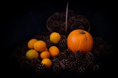 Rustic Pumpkin setting in pine cones  natural setting Foto stock