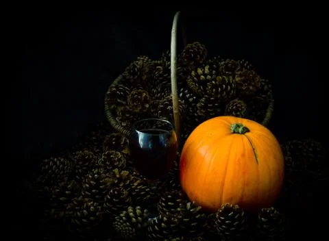 Rustic Pumpkin setting in pine cones  natural setting Stock Photos