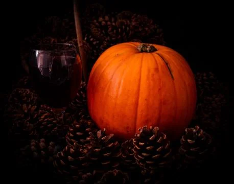 Rustic Pumpkin setting in pine cones  natural setting Stock Photos
