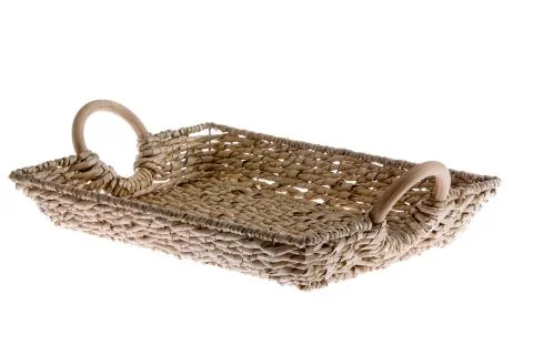 Rustic rectangular wicker tray isolated on white Stock Photos