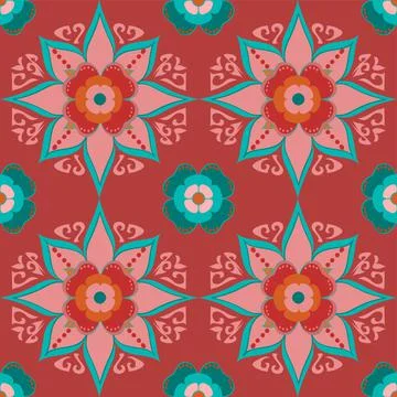 Rustic Red And Teal Flower Abstract Pattern In Regular Arrangement Stock Illustration