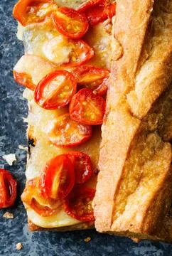 Rustic red cherry tomato and cheese sandwich Stock Photos