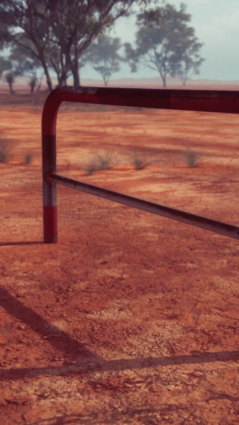A rustic red dirt field with a charming fence and trees in the background Stock Footage 294504805