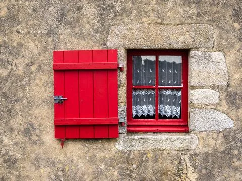 Rustic Red Window with Lace Curtains, Brittany Stock Photos