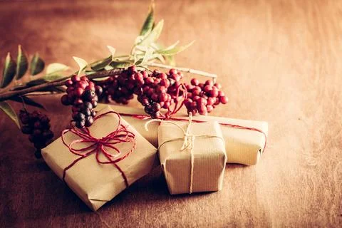 Rustic retro gift, present boxes with decorations. Christmas time, eco pape.. Stock Photos