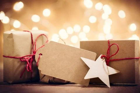 Rustic retro gifts, present boxes on glitter background. Christmas time Stock Photos