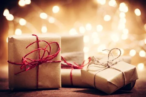 Rustic retro gifts, present boxes on glitter background. Christmas time Stock-Fotos