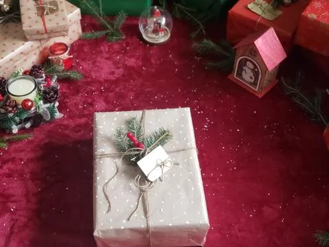 Rustic Retro Gifts, Present Boxes On red Background. Christmas Time Stock Photos