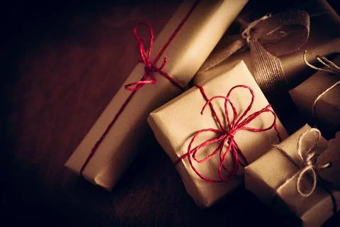 Rustic retro gifts, present boxes. Christmas time, eco paper wrap. Stock Photos