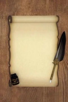 Rustic Retro Paper Scroll Quill Pen Ink Bottle Stock Photos