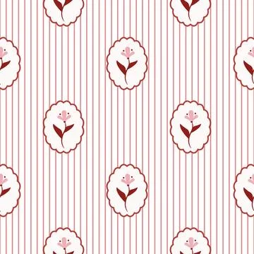 Rustic Romantic Meadow pink Flowers and red Stripes Stock Illustration