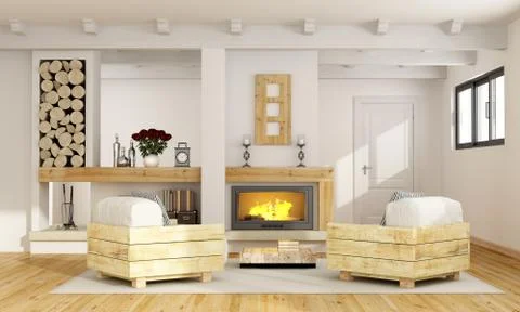 Rustic room with fireplace Illustrazione stock