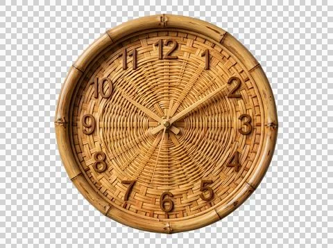 Rustic round wooden wall clock with carved patterns isolated on transparent.. Stock Photos