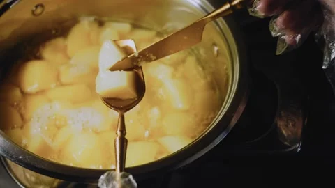Rustic rustic food view: boiling potatoes until tender Stock Footage 342196103